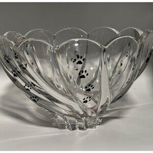 Marquis By Waterford Dog Chrystal Bowl With Black Paw Print & Red Heart Details